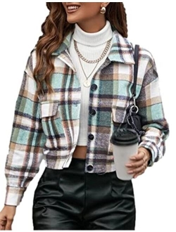 Peaceglad Women's Fashion Cropped Flannel Plaid Shacket Long Sleeve Button Down Jacket Coat