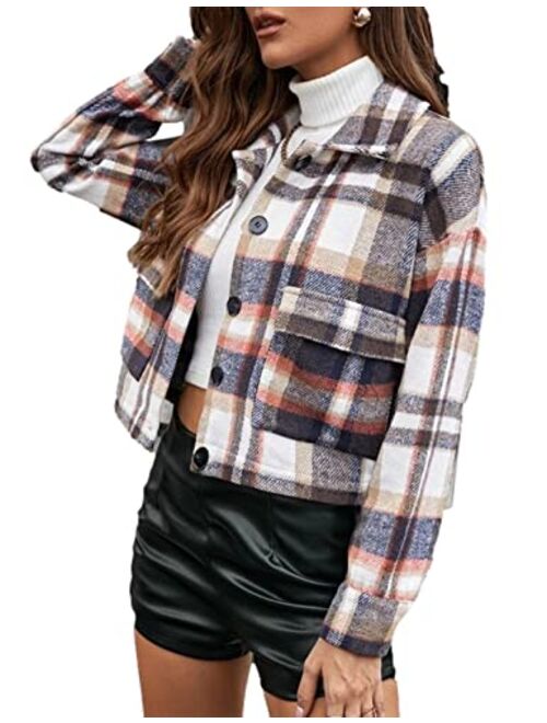 Peaceglad Women's Fashion Cropped Flannel Plaid Shacket Long Sleeve Button Down Jacket Coat