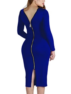 YMING Womens Zipper Back Bodycon Dress Sexy Club Dresses Solid Color Midi Dress Plus Size