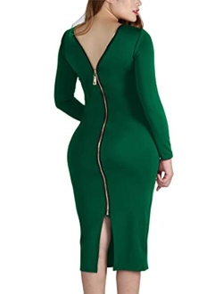 YMING Womens Zipper Back Bodycon Dress Sexy Club Dresses Solid Color Midi Dress Plus Size