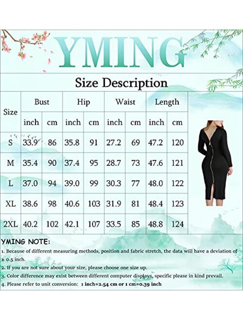 YMING Womens Zipper Back Bodycon Dress Sexy Club Dresses Solid Color Midi Dress Plus Size