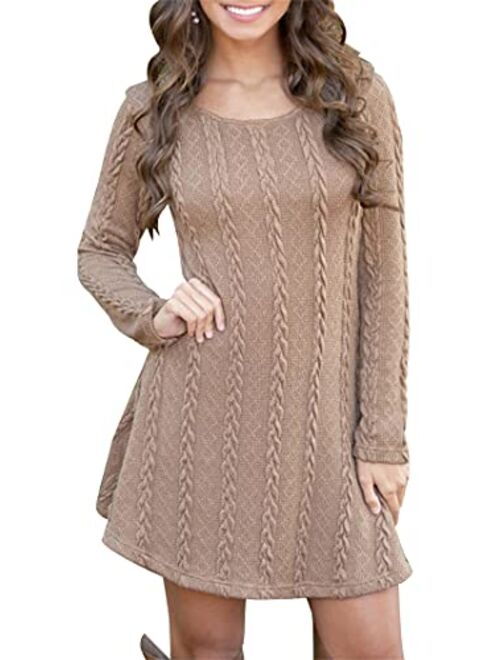 YMING Womens Cable Knit Crew Neck Sweater Dress Casual Solid Color Pullover Tops