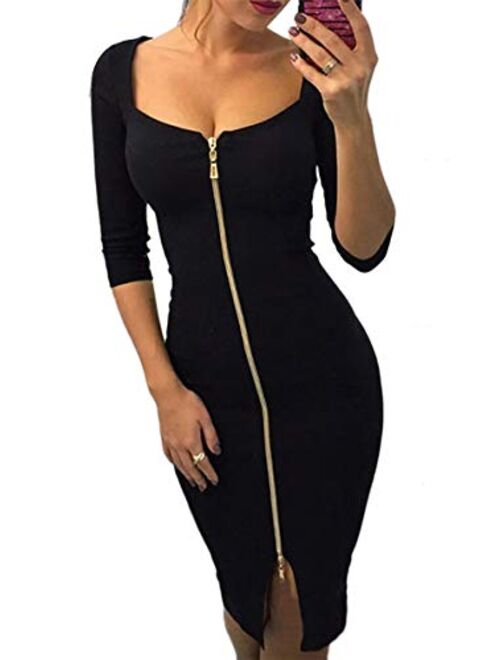 YMING Womens Dress Club Sexy Bodycon Midi Long 3/4 Sleeve Zipper Front Dress