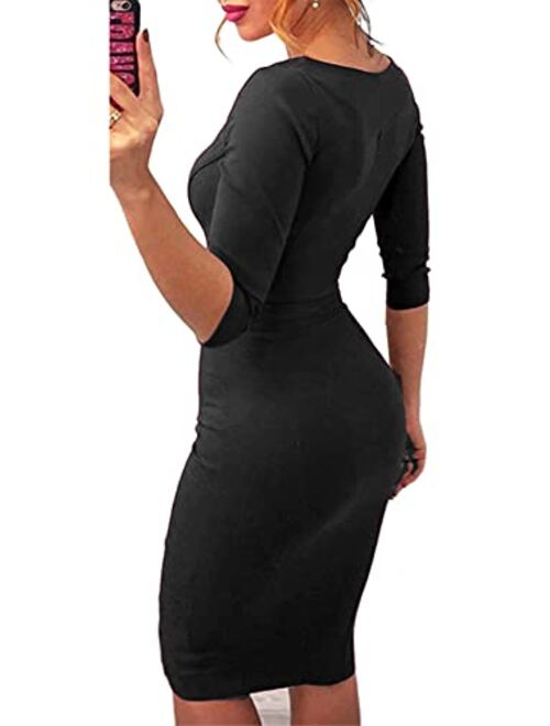 YMING Womens Dress Club Sexy Bodycon Midi Long 3/4 Sleeve Zipper Front Dress