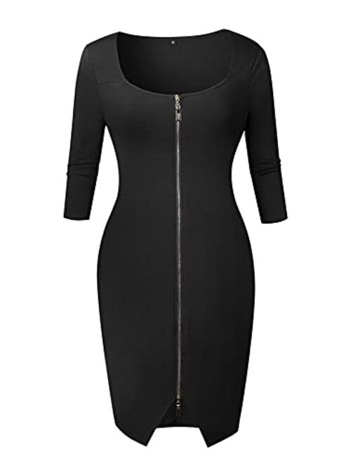 YMING Womens Dress Club Sexy Bodycon Midi Long 3/4 Sleeve Zipper Front Dress