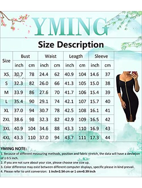 YMING Womens Dress Club Sexy Bodycon Midi Long 3/4 Sleeve Zipper Front Dress