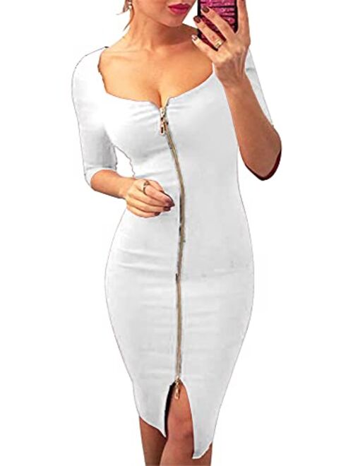 YMING Womens Dress Club Sexy Bodycon Midi Long 3/4 Sleeve Zipper Front Dress