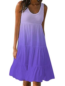 YMING Womens Sleeveless Beach Swing Dress Casual Scoop Neck Pleated Sundress Summer Ruffle Tank Dresses