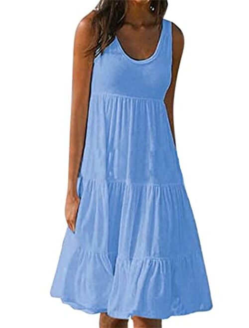 YMING Womens Sleeveless Beach Swing Dress Casual Scoop Neck Pleated Sundress Summer Ruffle Tank Dresses