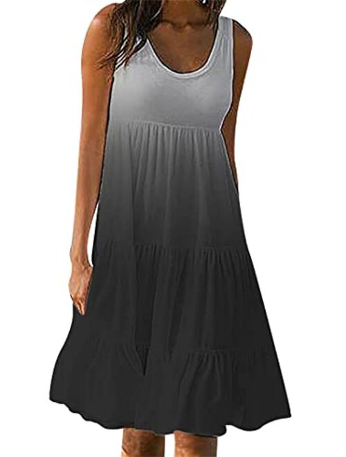 YMING Womens Sleeveless Beach Swing Dress Casual Scoop Neck Pleated Sundress Summer Ruffle Tank Dresses