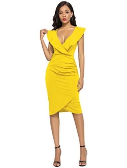 YMING Women’s Ruffle V-Neck Sleeveless Cocktail Evening Party Falbala Bodycon Dress