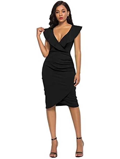 YMING Women’s Ruffle V-Neck Sleeveless Cocktail Evening Party Falbala Bodycon Dress