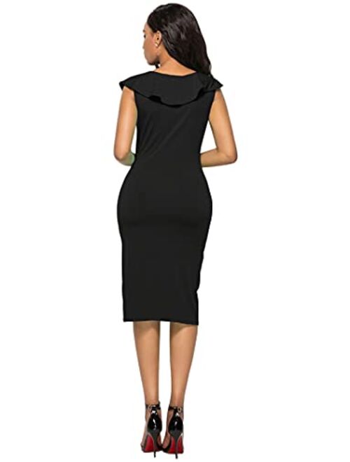 YMING Women’s Ruffle V-Neck Sleeveless Cocktail Evening Party Falbala Bodycon Dress