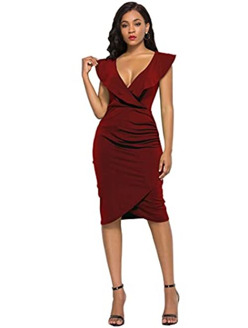 YMING Women’s Ruffle V-Neck Sleeveless Cocktail Evening Party Falbala Bodycon Dress