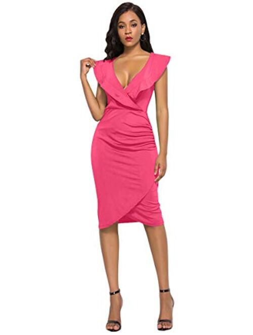 YMING Women’s Ruffle V-Neck Sleeveless Cocktail Evening Party Falbala Bodycon Dress