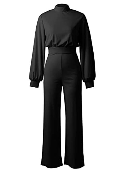 YMING Womens Backless Mock Neck Jumpsuits Long Sleeve Solid Color One Piece Romper