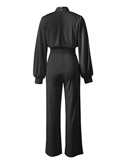 YMING Womens Backless Mock Neck Jumpsuits Long Sleeve Solid Color One Piece Romper