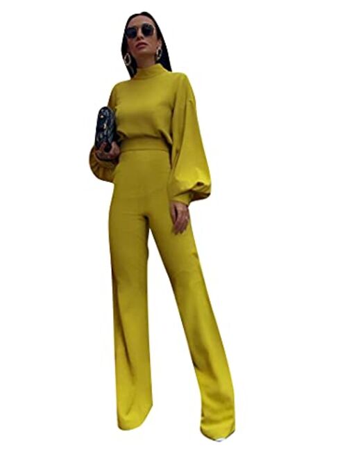 YMING Womens Backless Mock Neck Jumpsuits Long Sleeve Solid Color One Piece Romper