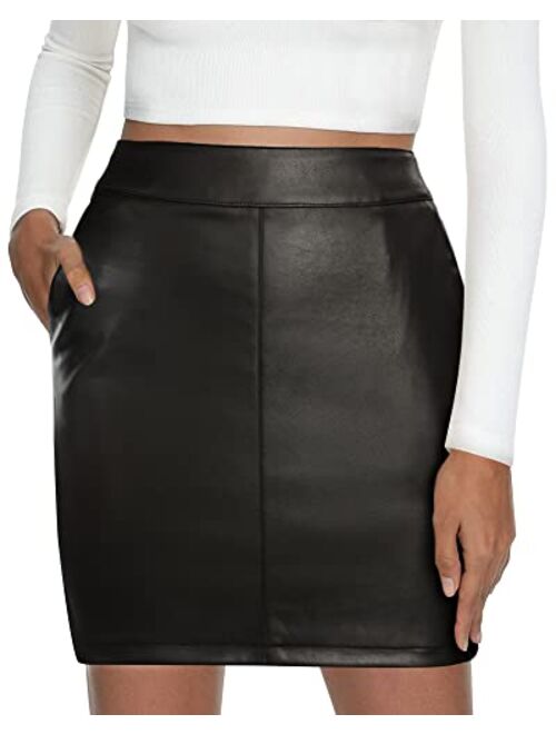 MANGOPOP Women's Basic High Waist Faux Leather Bodycon Mini Pencil Skirt