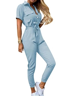 YMING Womens Casual Short Sleeve Jumpsuit Summer Lapel Collar Romper Overalls with Belt Plus Size