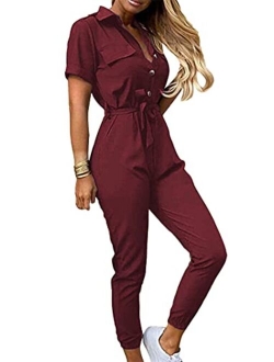 YMING Womens Casual Short Sleeve Jumpsuit Summer Lapel Collar Romper Overalls with Belt Plus Size