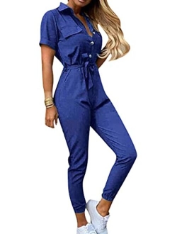 YMING Womens Casual Short Sleeve Jumpsuit Summer Lapel Collar Romper Overalls with Belt Plus Size