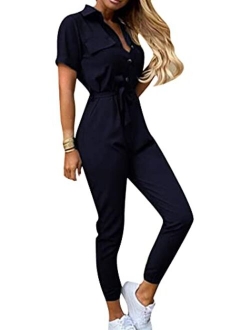 YMING Womens Casual Short Sleeve Jumpsuit Summer Lapel Collar Romper Overalls with Belt Plus Size