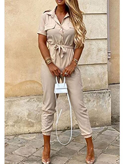 YMING Womens Casual Short Sleeve Jumpsuit Summer Lapel Collar Romper Overalls with Belt Plus Size