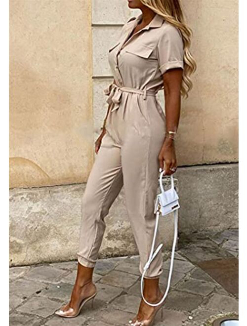 YMING Womens Casual Short Sleeve Jumpsuit Summer Lapel Collar Romper Overalls with Belt Plus Size