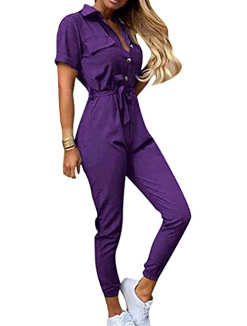 YMING Womens Casual Short Sleeve Jumpsuit Summer Lapel Collar Romper Overalls with Belt Plus Size