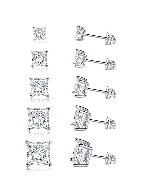 GEMSME 18K Gold Plated Princess Cut Clear Cubic Zirconia Stud Earrings Pack of 5