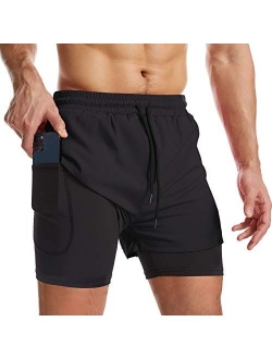 Surenow Mens 2 in 1 Running Shorts Quick Dry Athletic Shorts with Liner, Workout Shorts with Zip Pockets and Towel Loop