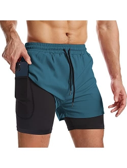 Surenow Mens 2 in 1 Running Shorts Quick Dry Athletic Shorts with Liner, Workout Shorts with Zip Pockets and Towel Loop