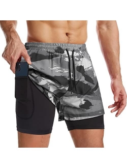 Surenow Mens 2 in 1 Running Shorts Quick Dry Athletic Shorts with Liner, Workout Shorts with Zip Pockets and Towel Loop