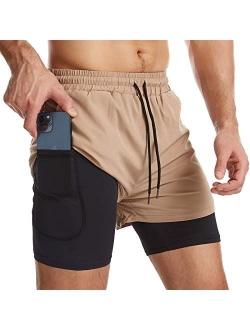 Surenow Mens 2 in 1 Running Shorts Quick Dry Athletic Shorts with Liner, Workout Shorts with Zip Pockets and Towel Loop