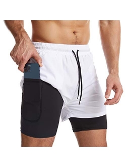 Surenow Mens 2 in 1 Running Shorts Quick Dry Athletic Shorts with Liner, Workout Shorts with Zip Pockets and Towel Loop