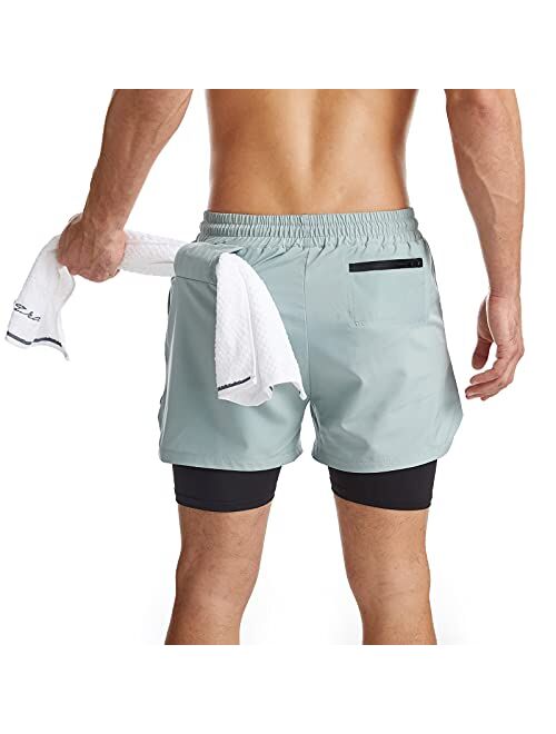 Surenow Mens 2 in 1 Running Shorts Quick Dry Athletic Shorts with Liner, Workout Shorts with Zip Pockets and Towel Loop