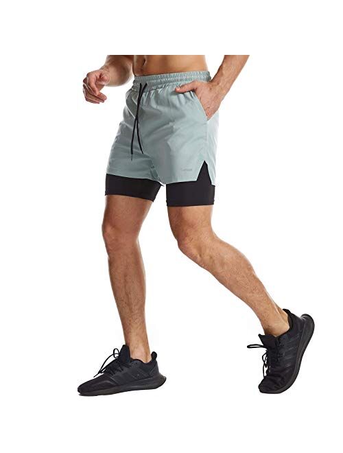 Surenow Mens 2 in 1 Running Shorts Quick Dry Athletic Shorts with Liner, Workout Shorts with Zip Pockets and Towel Loop