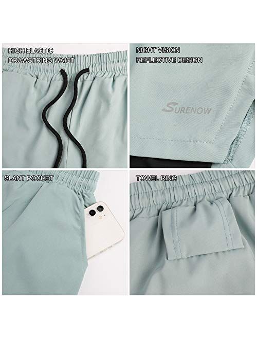 Surenow Mens 2 in 1 Running Shorts Quick Dry Athletic Shorts with Liner, Workout Shorts with Zip Pockets and Towel Loop