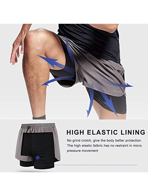 Surenow Mens 2 in 1 Running Shorts Quick Dry Athletic Shorts with Liner, Workout Shorts with Zip Pockets and Towel Loop