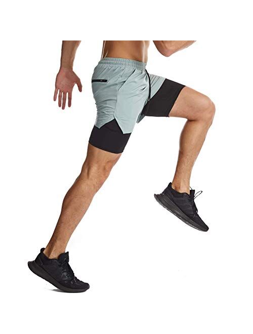 Surenow Mens 2 in 1 Running Shorts Quick Dry Athletic Shorts with Liner, Workout Shorts with Zip Pockets and Towel Loop