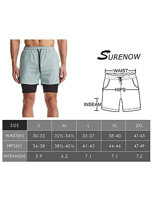 Surenow Mens 2 in 1 Running Shorts Quick Dry Athletic Shorts with Liner, Workout Shorts with Zip Pockets and Towel Loop