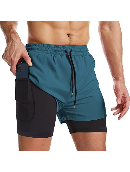 Surenow Mens 2 in 1 Running Shorts Quick Dry Athletic Shorts with Liner, Workout Shorts with Zip Pockets and Towel Loop