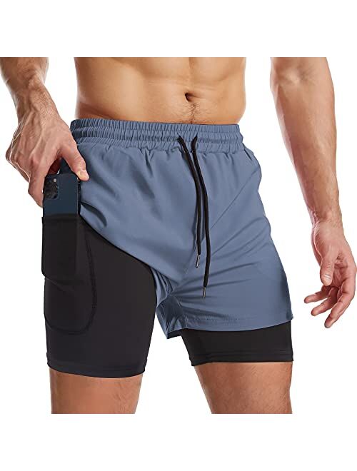 Surenow Mens 2 in 1 Running Shorts Quick Dry Athletic Shorts with Liner, Workout Shorts with Zip Pockets and Towel Loop