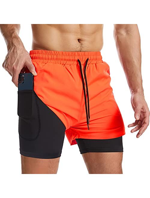 Surenow Mens 2 in 1 Running Shorts Quick Dry Athletic Shorts with Liner, Workout Shorts with Zip Pockets and Towel Loop