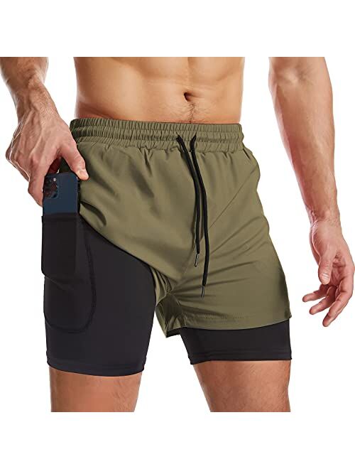 Surenow Mens 2 in 1 Running Shorts Quick Dry Athletic Shorts with Liner, Workout Shorts with Zip Pockets and Towel Loop