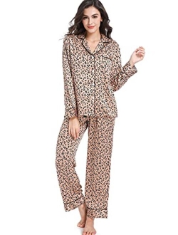 Serenedelicacy Women's Satin Pajama Set 2-Piece Sleepwear Loungewear Long Sleeve Button Down PJ Set