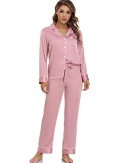 Serenedelicacy Women's Satin Pajama Set 2-Piece Sleepwear Loungewear Long Sleeve Button Down PJ Set