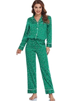 Serenedelicacy Women's Satin Pajama Set 2-Piece Sleepwear Loungewear Long Sleeve Button Down PJ Set