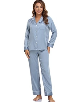 Serenedelicacy Women's Satin Pajama Set 2-Piece Sleepwear Loungewear Long Sleeve Button Down PJ Set